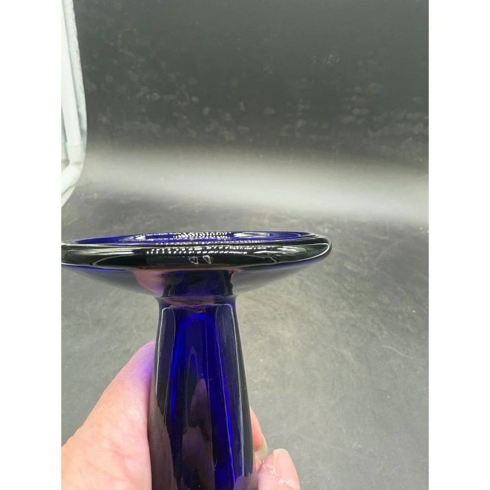 Vintage Cobalt Blue Glass Candlestick Holder Ribbed Base Pillar Stand 6.75in